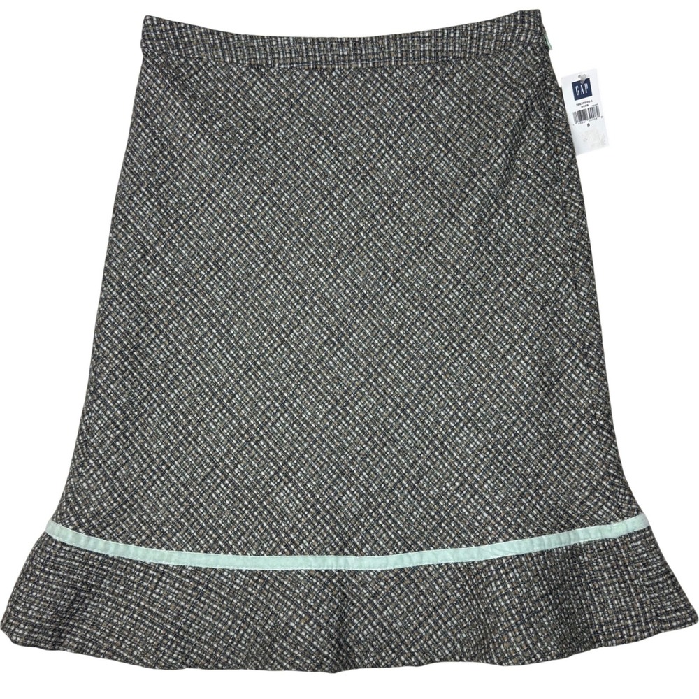 NEW Gap A-Line Skirt Womens 8 Wool Blend Tweed Velvet Trim Flounce Hem Lined Y2K